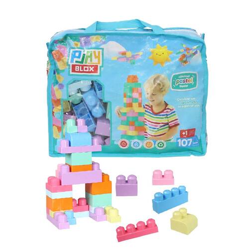 2977 Play Blox Pastel Block Building Toys 107 Pieces with Storage Bag for Ages 1 and Above - 1