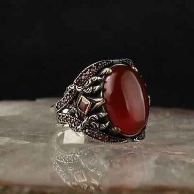 925 Sterling Silver Men's Ring with Agate Stone - 1