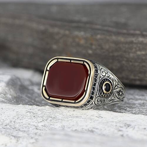 925 Sterling Silver Men's Ring with Agate Stone - 1