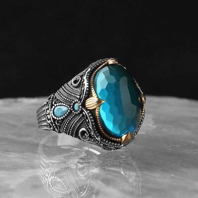 925 Sterling Silver Men's Ring with Aqua Marine Stone - 2