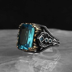 925 Sterling Silver Men's Ring with Aqua Marine Stone - 1