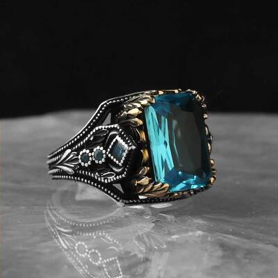 925 Sterling Silver Men's Ring with Aqua Marine Stone - 2