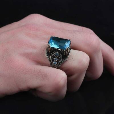 925 Sterling Silver Men's Ring with Aqua Marine Stone - 3