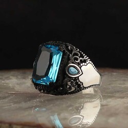 925 Sterling Silver Men's Ring with Aqua Marine Stone - 1