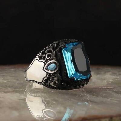 925 Sterling Silver Men's Ring with Aqua Marine Stone - 2