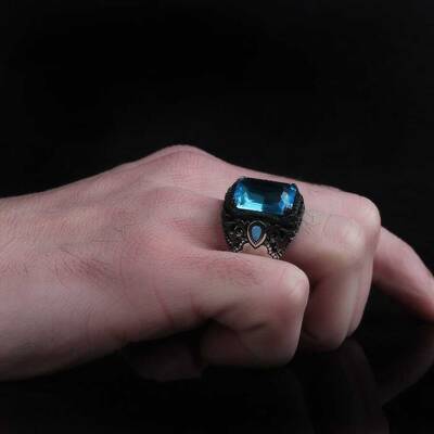 925 Sterling Silver Men's Ring with Aqua Marine Stone - 3