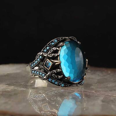 925 Sterling Silver Men's Ring with Aqua Marine Stone - 1