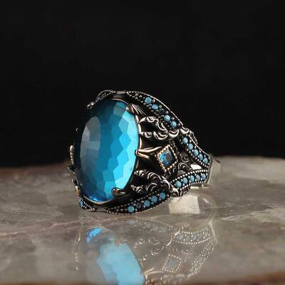 925 Sterling Silver Men's Ring with Aqua Marine Stone - 2