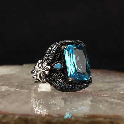 925 Sterling Silver Men's Ring with Aqua Marine Stone - 2