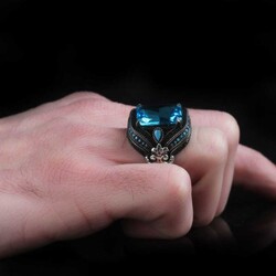 925 Sterling Silver Men's Ring with Aqua Marine Stone - 3