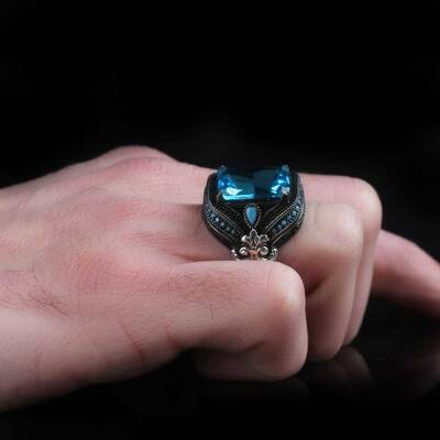 925 Sterling Silver Men's Ring with Aqua Marine Stone - 3