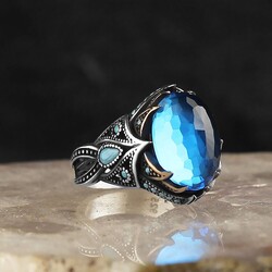 925 Sterling Silver Men's Ring with Aqua Marine Stone - 1