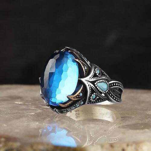 925 Sterling Silver Men's Ring with Aqua Marine Stone - 2