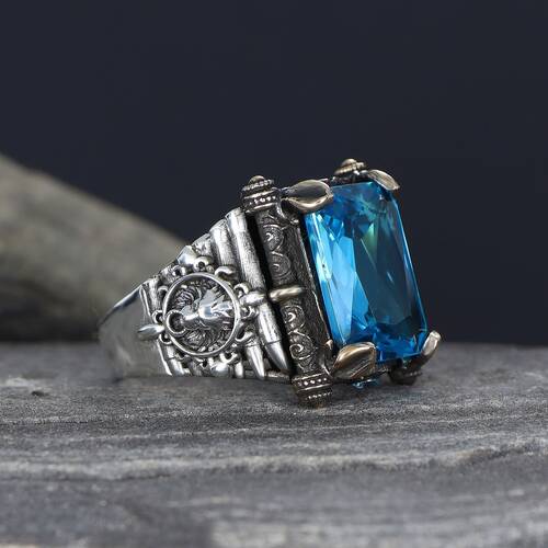 925 Sterling Silver Men's Ring with Aqua Marine Stone - 1