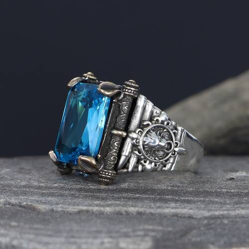 925 Sterling Silver Men's Ring with Aqua Marine Stone - 2