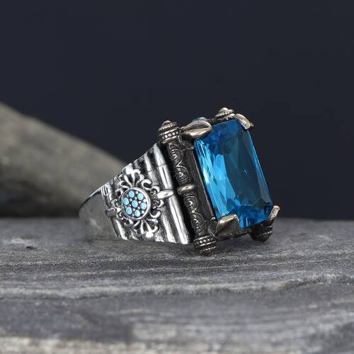 925 Sterling Silver Men's Ring with Aqua Marine Stone - 1