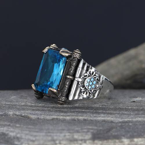 925 Sterling Silver Men's Ring with Aqua Marine Stone - 2