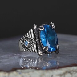 925 Sterling Silver Men's Ring with Aqua Marine Stone - 1