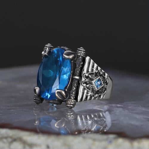 925 Sterling Silver Men's Ring with Aqua Marine Stone - 2