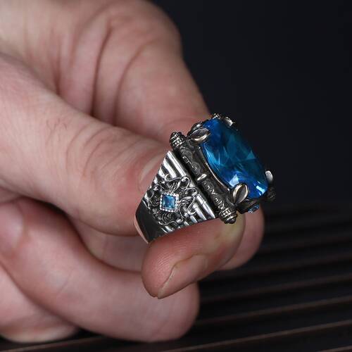 925 Sterling Silver Men's Ring with Aqua Marine Stone - 3