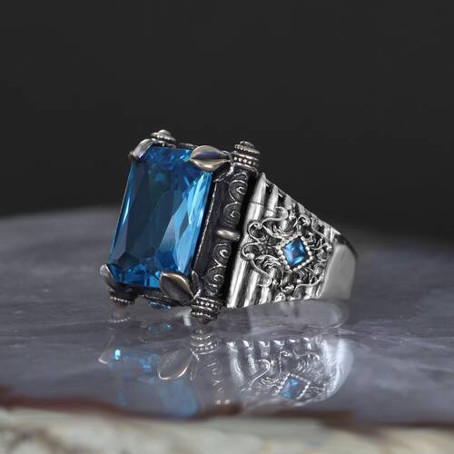 925 Sterling Silver Men's Ring with Aqua Marine Stone - 2