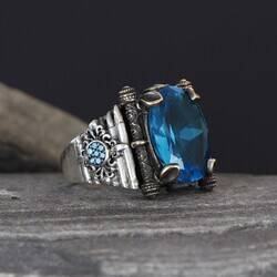 925 Sterling Silver Men's Ring with Aqua Marine Stone - 3