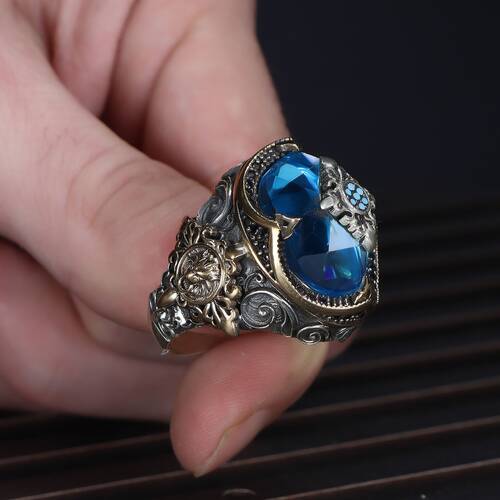 925 Sterling Silver Men's Ring with Aqua Marine Stone - 2