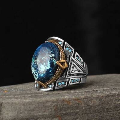 925 Sterling Silver Men's Ring with Azurite Stone - 1