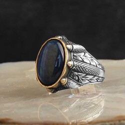 925 Sterling Silver Men's Ring with Blue Tiger's Eye Stone - 1