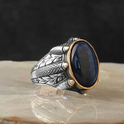 925 Sterling Silver Men's Ring with Blue Tiger's Eye Stone - 2