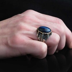 925 Sterling Silver Men's Ring with Blue Tiger's Eye Stone - 3