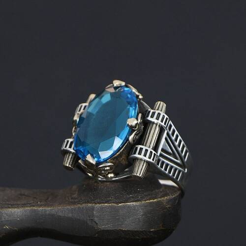 925 Sterling Silver Men's Ring with Blue Topaz Stone - 2