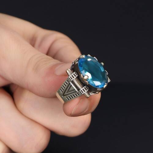 925 Sterling Silver Men's Ring with Blue Topaz Stone - 3