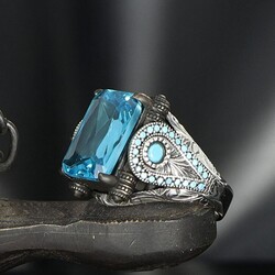 925 Sterling Silver Men's Ring with Blue Topaz Stone - 1