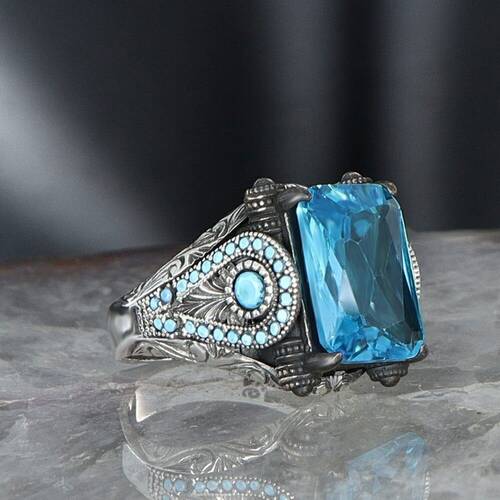 925 Sterling Silver Men's Ring with Blue Topaz Stone - 3