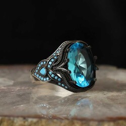 925 Sterling Silver Men's Ring with Blue Zircon Stone - 1