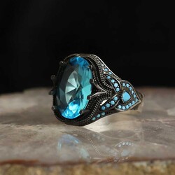 925 Sterling Silver Men's Ring with Blue Zircon Stone - 2