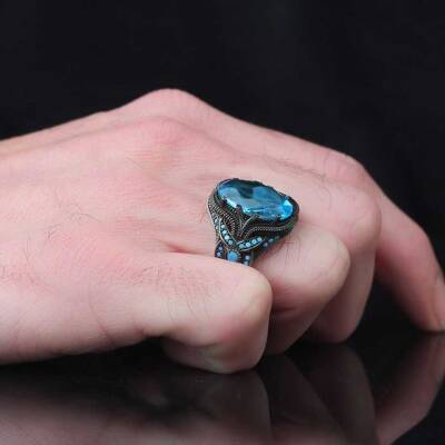 925 Sterling Silver Men's Ring with Blue Zircon Stone - 3