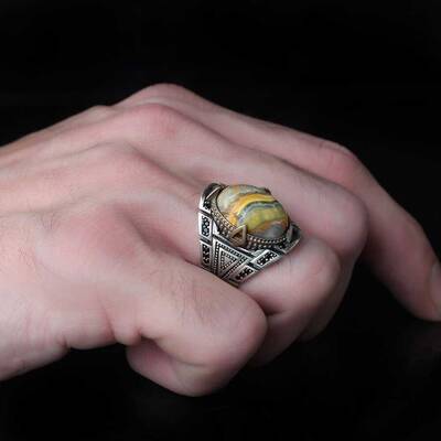 925 Sterling Silver Men's Ring with Bumble Be Jasper Stone - 3