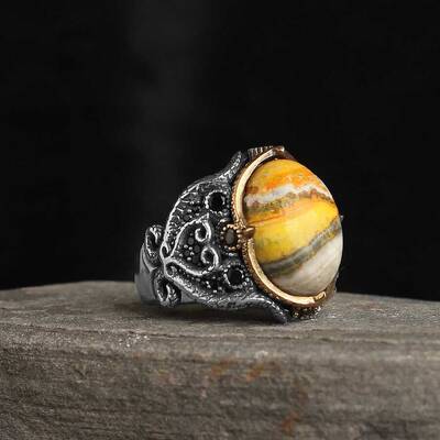 925 Sterling Silver Men's Ring with Bumble Be Jasper Stone - 1