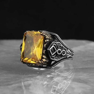 925 Sterling Silver Men's Ring with Citrine Stone - 1