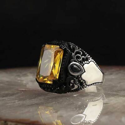 925 Sterling Silver Men's Ring with Citrine Stone - 1