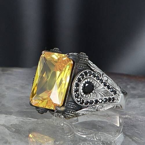 925 Sterling Silver Men's Ring with Citrine Stone - 3