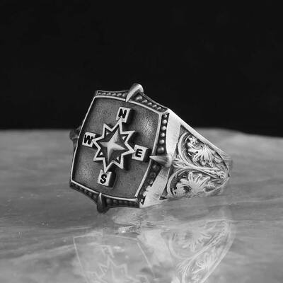 925 Sterling Silver Men's Ring with Compass Symbol - 1