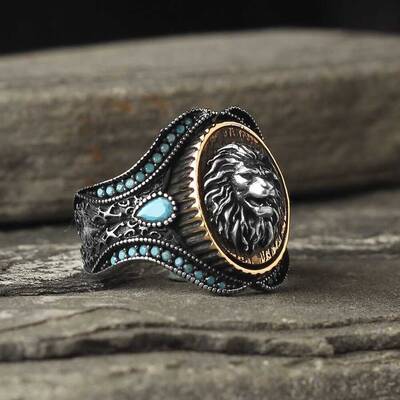 925 Sterling Silver Men's Ring with Lion Head Turquoise Stone - 1