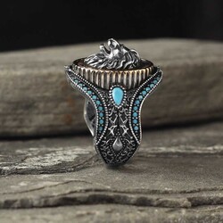 925 Sterling Silver Men's Ring with Lion Head Turquoise Stone - 2