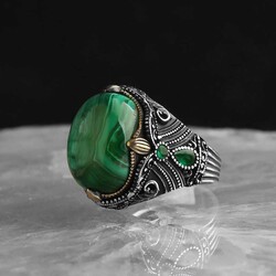 925 Sterling Silver Men's Ring with Malachite Stone - 1