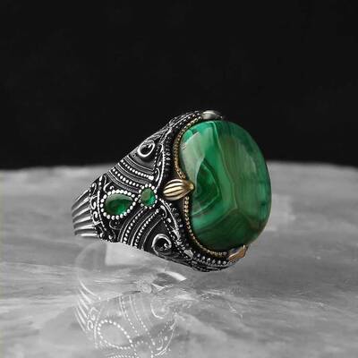 925 Sterling Silver Men's Ring with Malachite Stone - 2