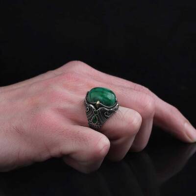 925 Sterling Silver Men's Ring with Malachite Stone - 3