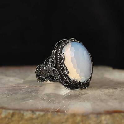 925 Sterling Silver Men's Ring with Moon Stone - 1